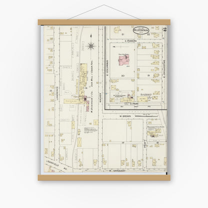 Old map wall art mockup — magnetic wood frame on white wall — Sanborn Fire Insurance Map from Bellefontaine, Logan County, Ohio (1887), Sheet #0002