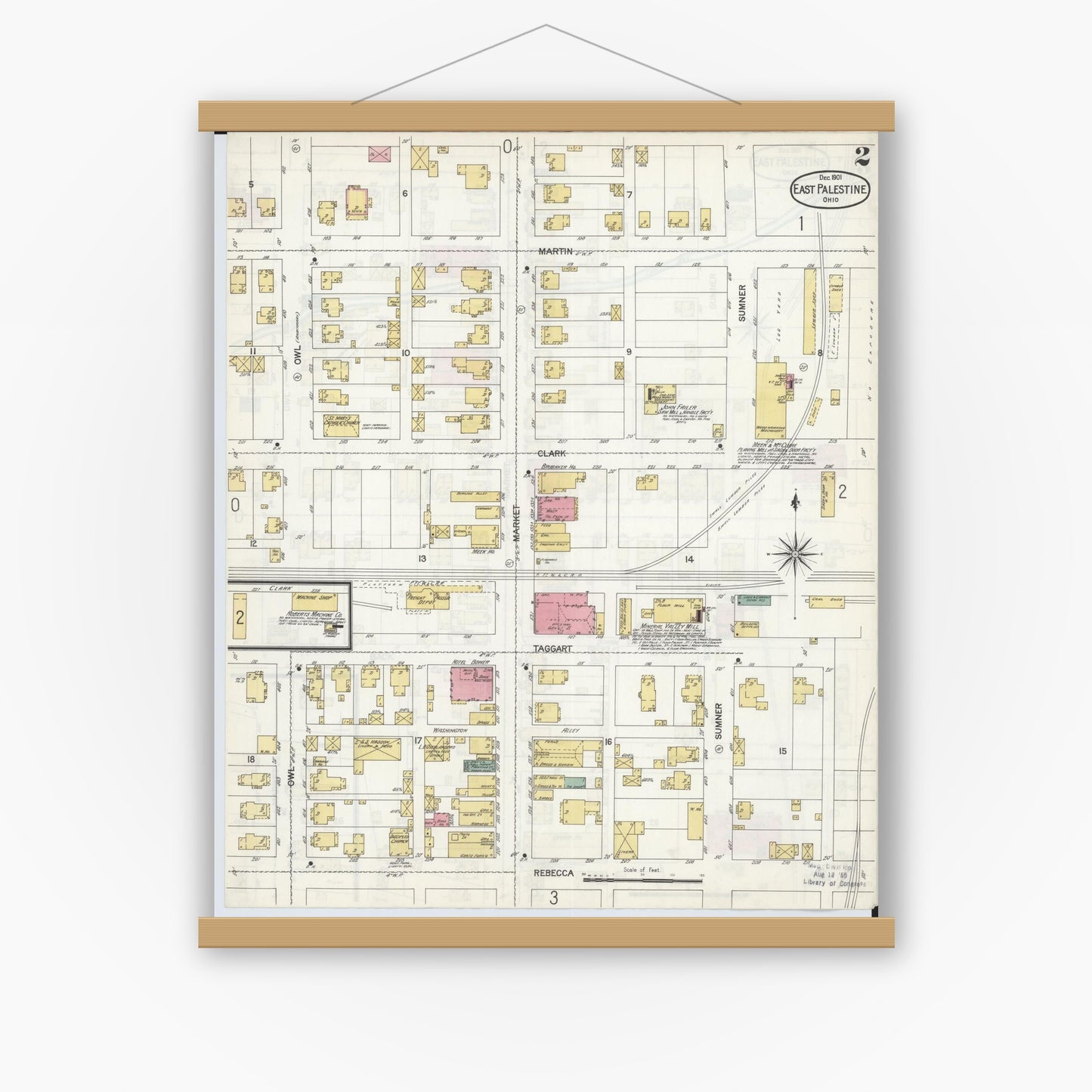 Old map wall art mockup — magnetic wood frame on white wall — Sanborn Fire Insurance Map from East Palestine, Columbiana County, Ohio (1901), Sheet #0002
