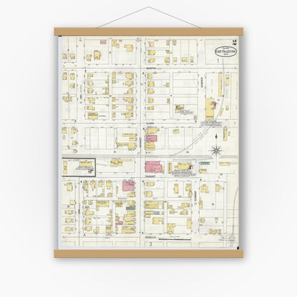 Old map wall art mockup — magnetic wood frame on white wall — Sanborn Fire Insurance Map from East Palestine, Columbiana County, Ohio (1901), Sheet #0002