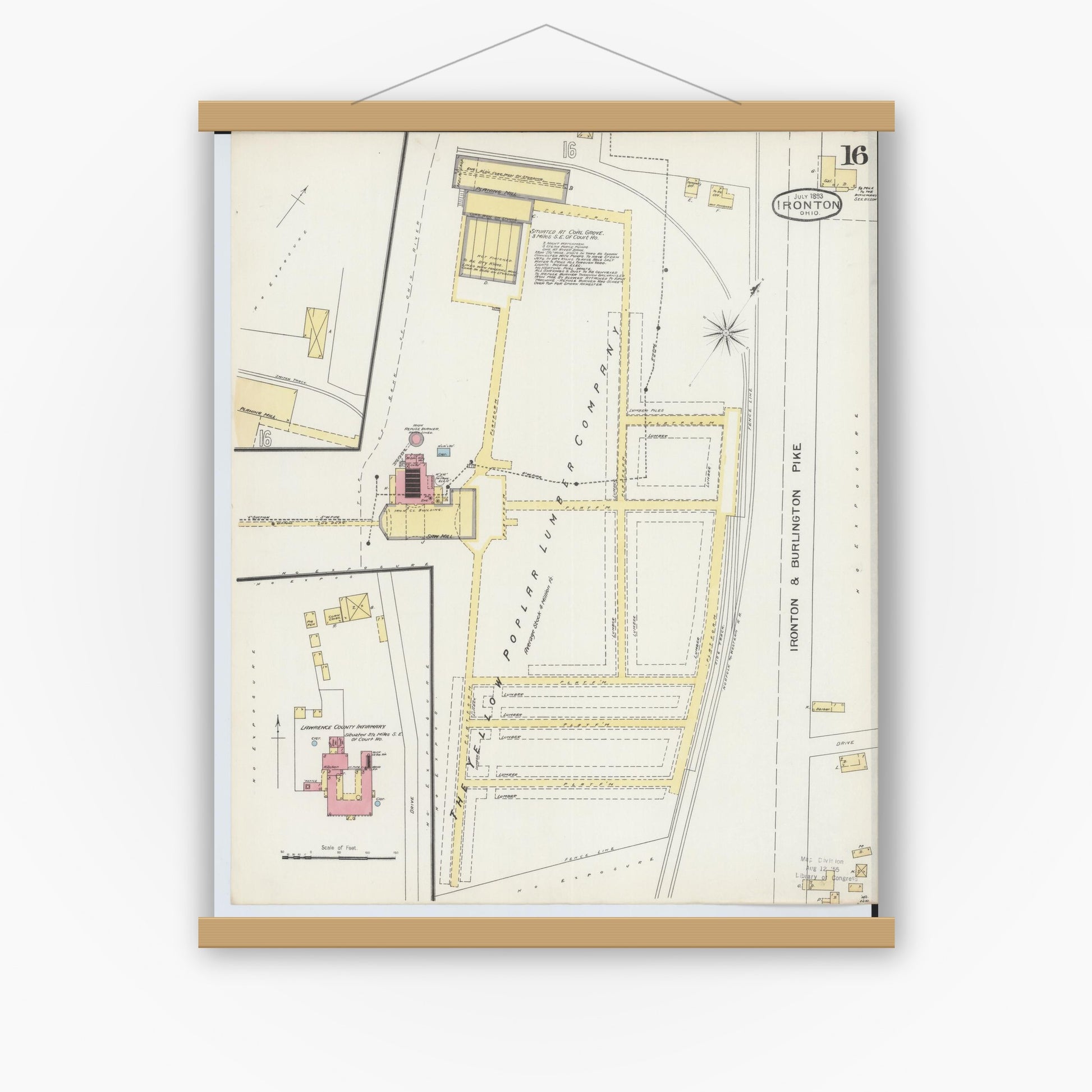 Old map wall art mockup — magnetic wood frame on white wall — Sanborn Fire Insurance Map from Ironton, Lawrence County, Ohio (1893), Sheet #0016