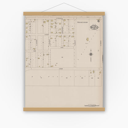 Old map wall art mockup — magnetic wood frame on white wall — Sanborn Fire Insurance Map from Wolfe City, Hunt County, Texas (1922), Sheet #0006