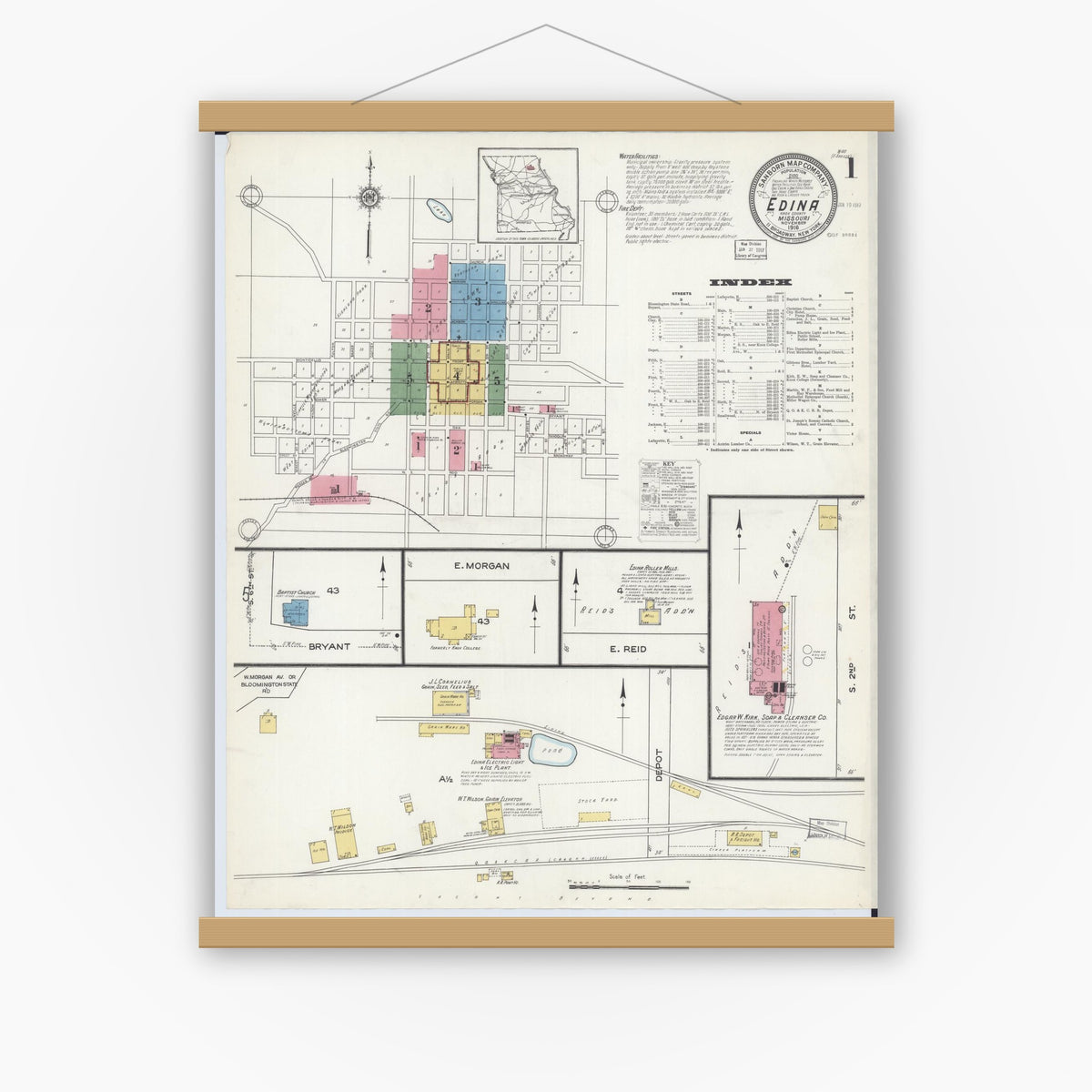 Old map wall art mockup — magnetic wood frame on white wall — Sanborn Fire Insurance Map from Edina, Knox County, Missouri (1916) - Complete Map Set