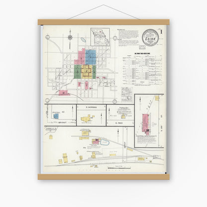 Old map wall art mockup — magnetic wood frame on white wall — Sanborn Fire Insurance Map from Edina, Knox County, Missouri (1916) - Complete Map Set