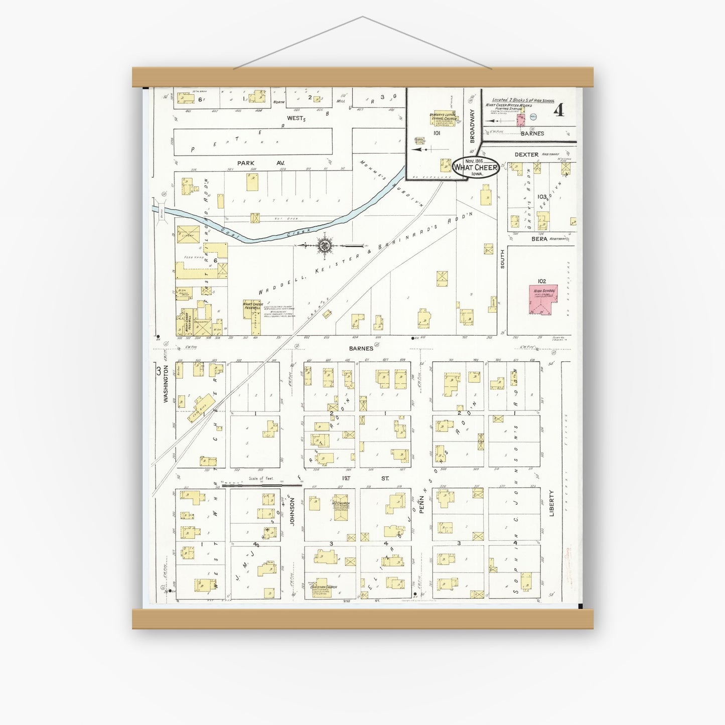 Old map wall art mockup — magnetic wood frame on white wall — Sanborn Fire Insurance Map from What Cheer, Keokuk County, Iowa (1916), Sheet #0004