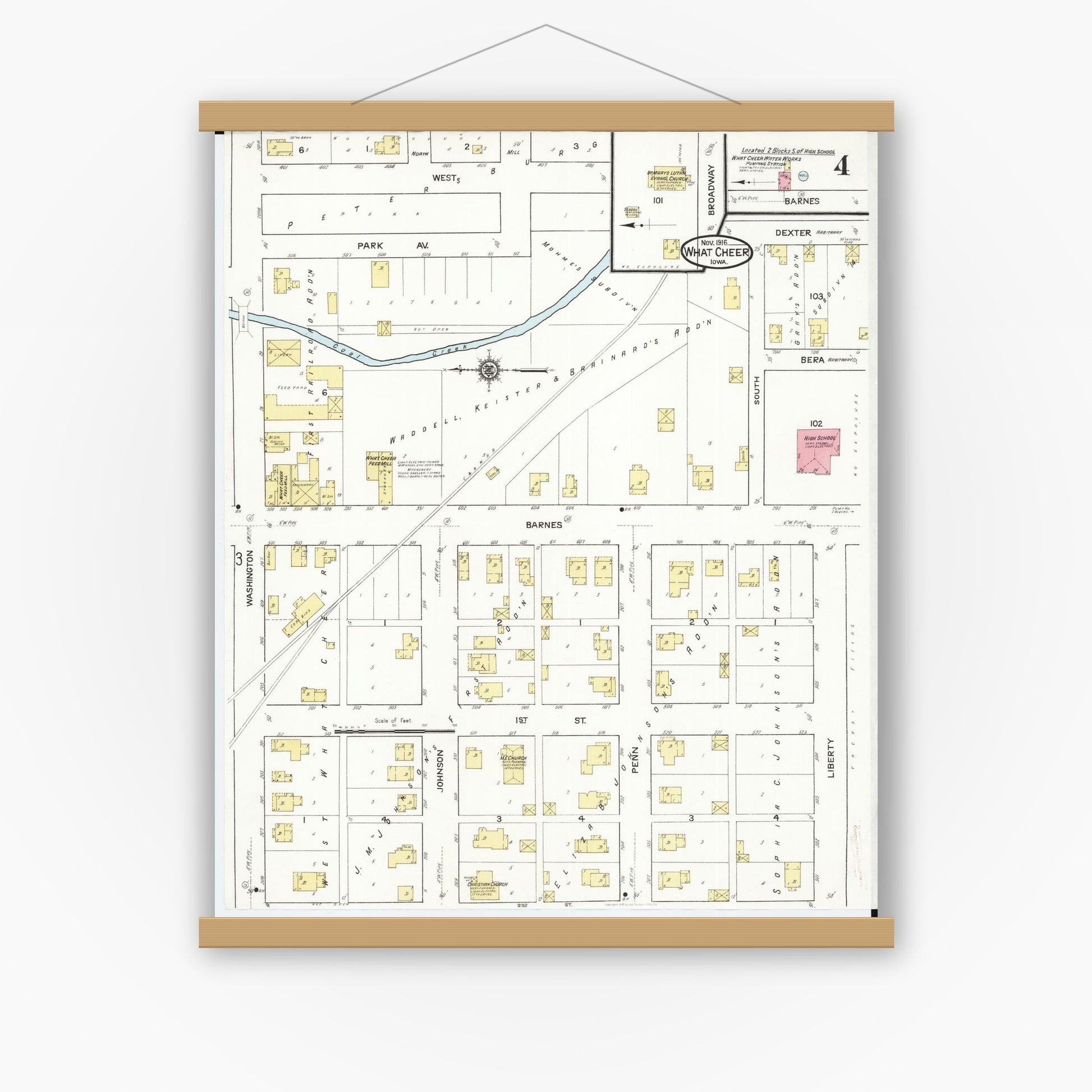 Old map wall art mockup — magnetic wood frame on white wall — Sanborn Fire Insurance Map from What Cheer, Keokuk County, Iowa (1916), Sheet #0004