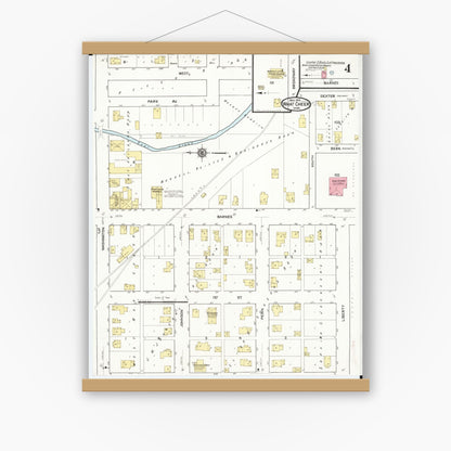 Old map wall art mockup — magnetic wood frame on white wall — Sanborn Fire Insurance Map from What Cheer, Keokuk County, Iowa (1916), Sheet #0004