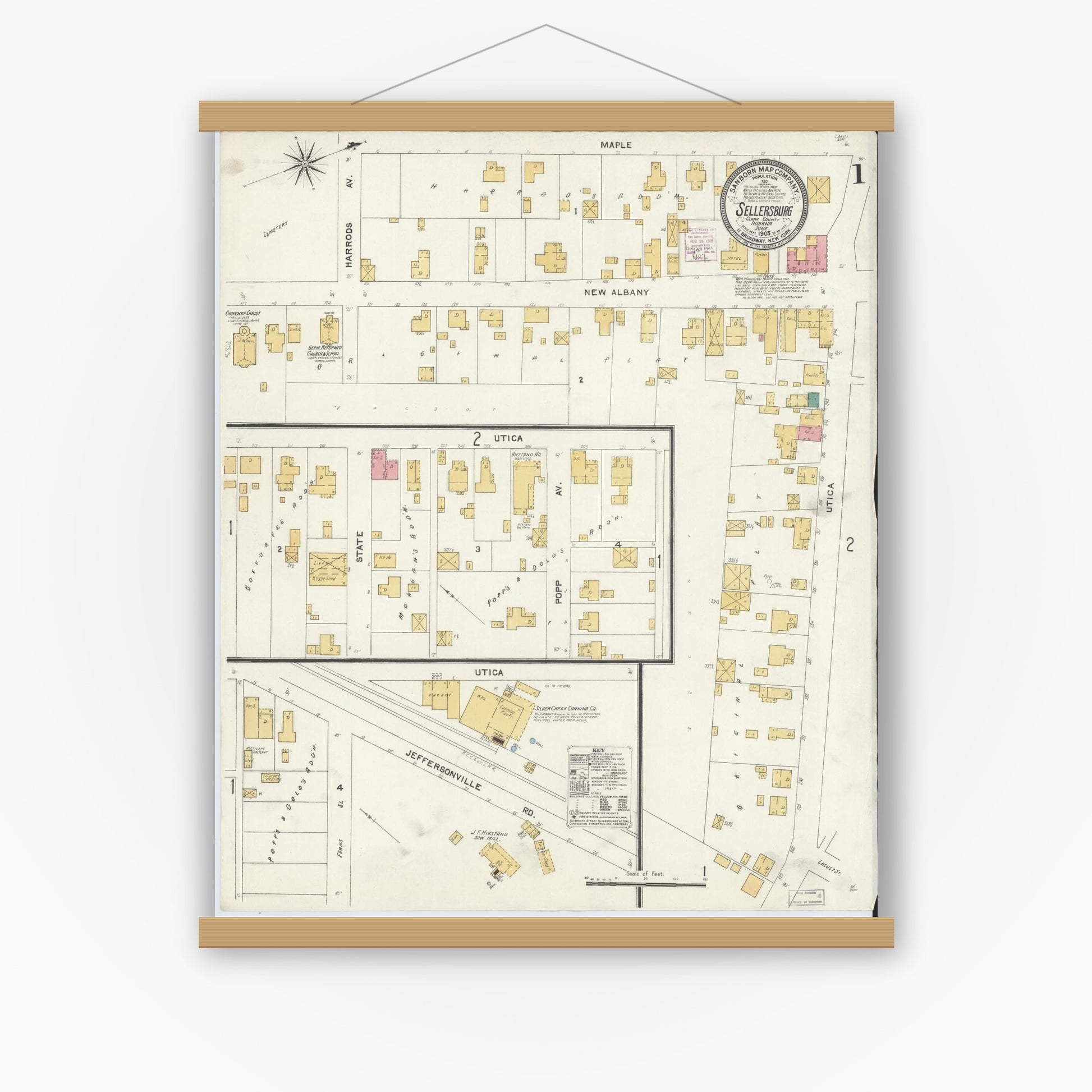 Old map wall art mockup — magnetic wood frame on white wall — Sanborn Fire Insurance Map from Sellersburg, Clark County, Indiana (1905) - Complete Map Set