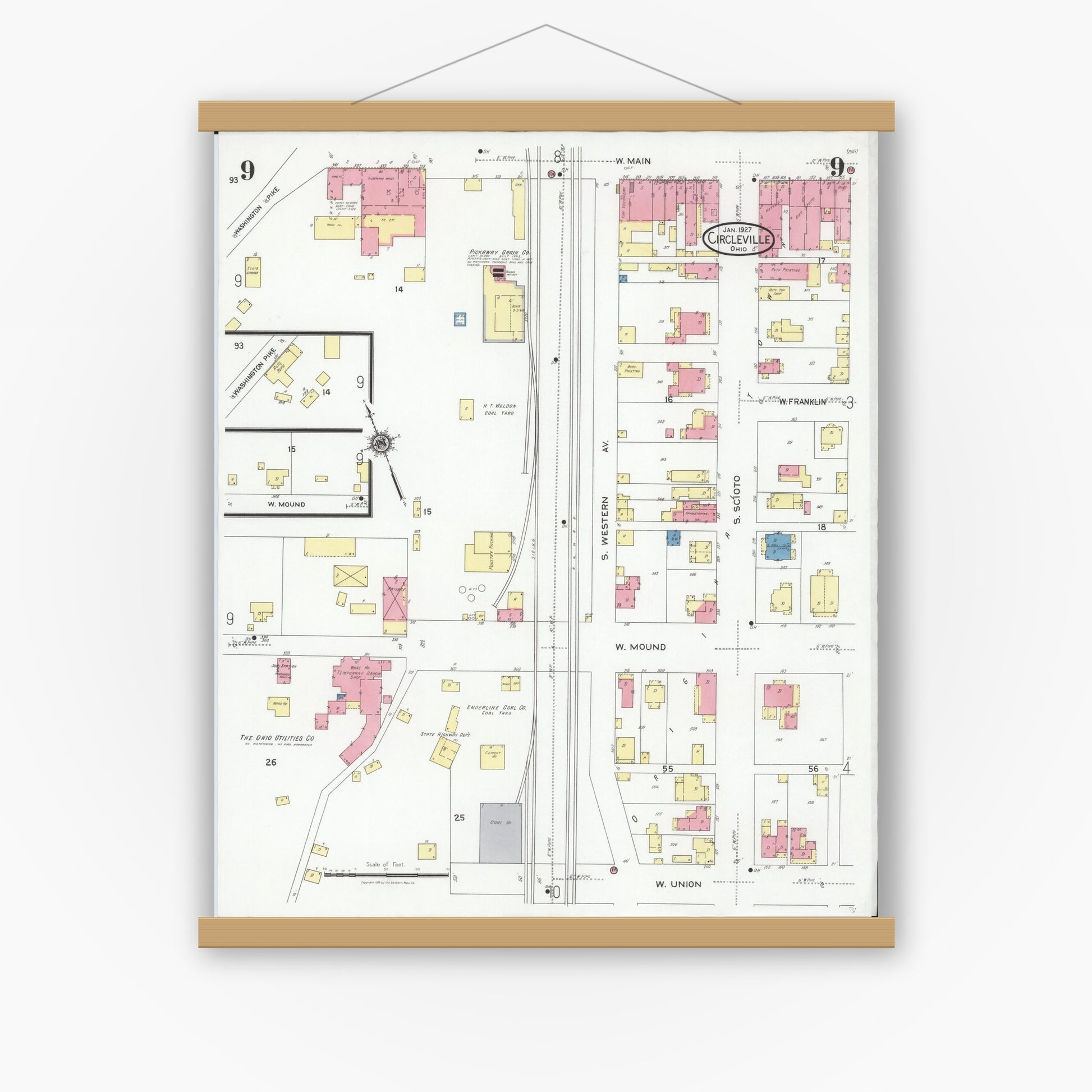 Old map wall art mockup — magnetic wood frame on white wall — Sanborn Fire Insurance Map from Circleville, Pickaway County, Ohio (1927), Sheet #0009