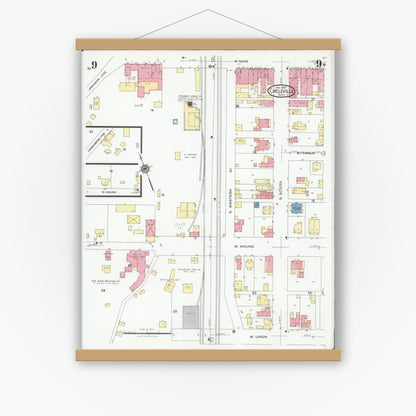 Old map wall art mockup — magnetic wood frame on white wall — Sanborn Fire Insurance Map from Circleville, Pickaway County, Ohio (1927), Sheet #0009