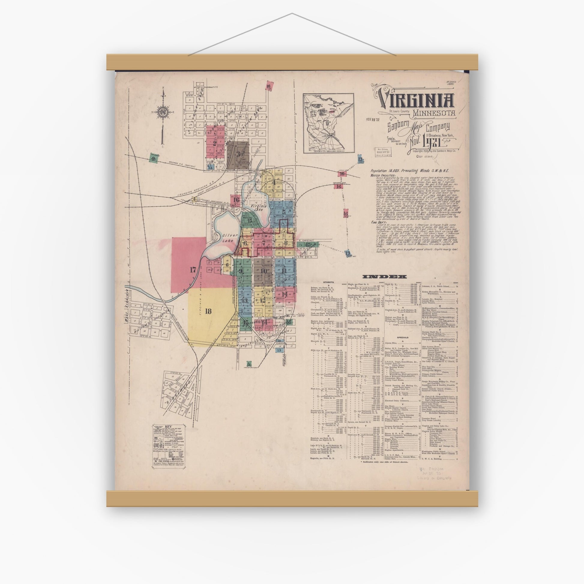 Old map wall art mockup — magnetic wood frame on white wall — Sanborn Fire Insurance Map from Virginia, Saint Louis County, Minnesota (1921) - Complete Map Set