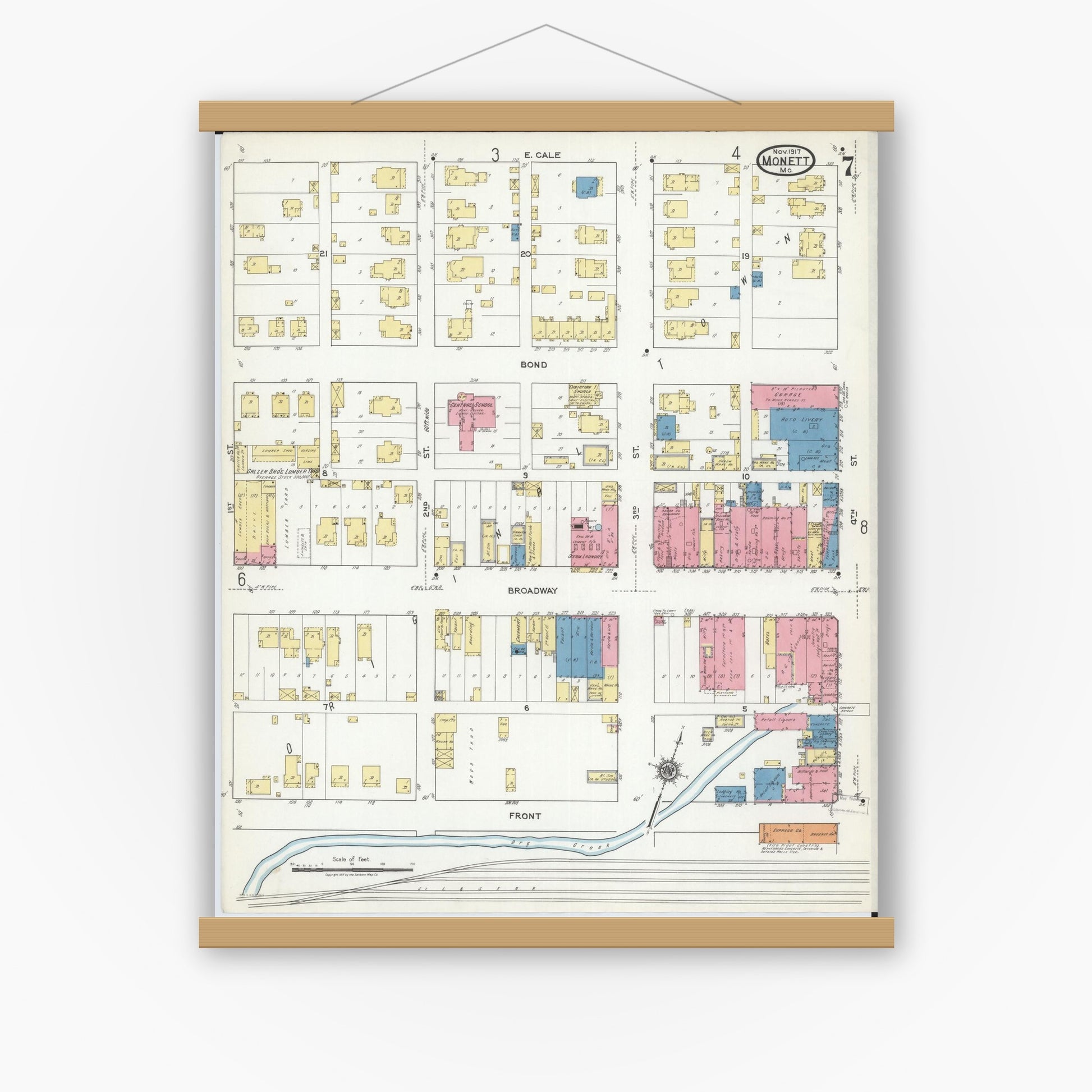 Old map wall art mockup — magnetic wood frame on white wall — Sanborn Fire Insurance Map from Monett, Barry County, Missouri (1917), Sheet #0007
