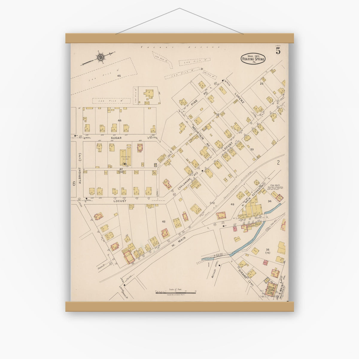 Old map wall art mockup — magnetic wood frame on white wall — Sanborn Fire Insurance Map from Roaring Spring, Blair County, Pennsylvania (1922), Sheet #0005