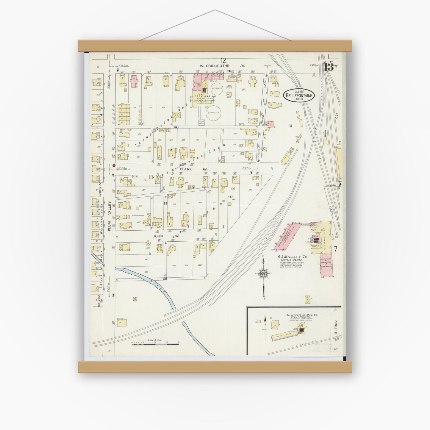 Old map wall art mockup — magnetic wood frame on white wall — Sanborn Fire Insurance Map from Bellefontaine, Logan County, Ohio (1914), Sheet #0013