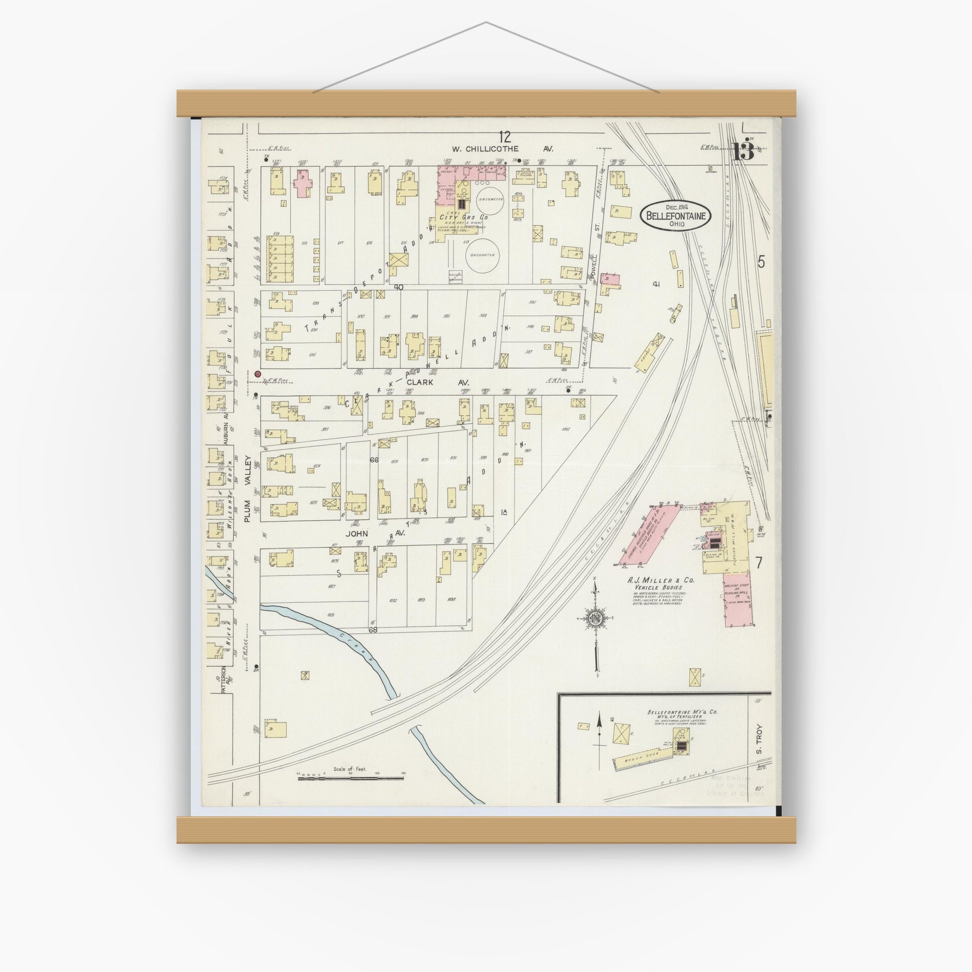 Old map wall art mockup — magnetic wood frame on white wall — Sanborn Fire Insurance Map from Bellefontaine, Logan County, Ohio (1914), Sheet #0013