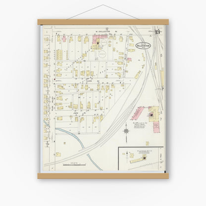 Old map wall art mockup — magnetic wood frame on white wall — Sanborn Fire Insurance Map from Bellefontaine, Logan County, Ohio (1914), Sheet #0013