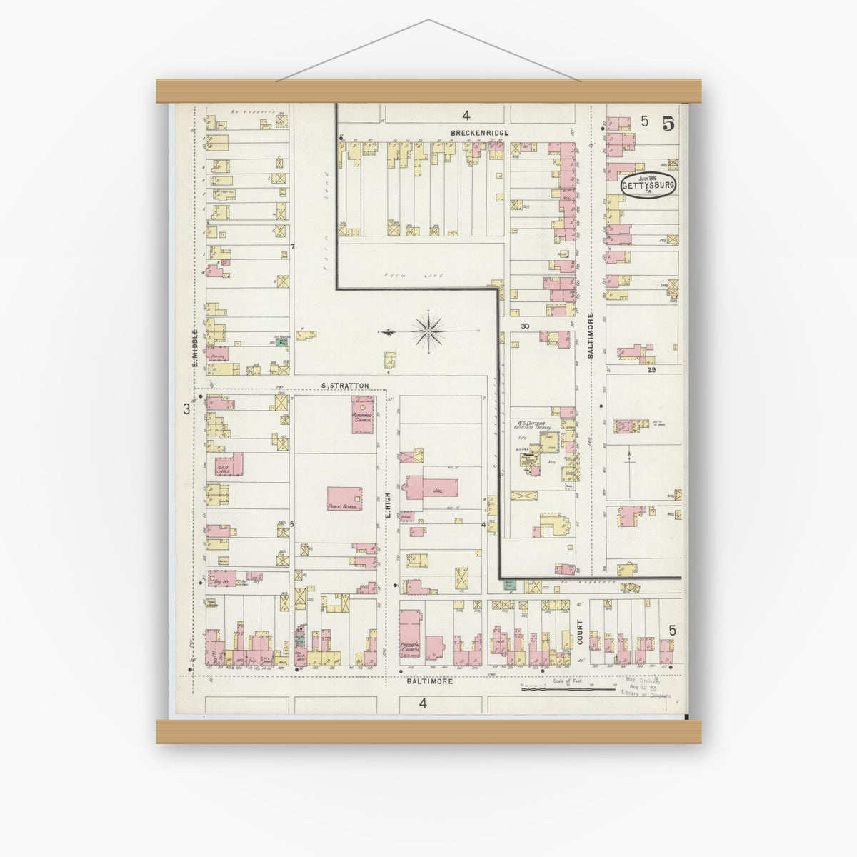 Old map wall art mockup — magnetic wood frame on white wall — Sanborn Fire Insurance Map from Gettysburg, Adams County, Pennsylvania (1896), Sheet #0005