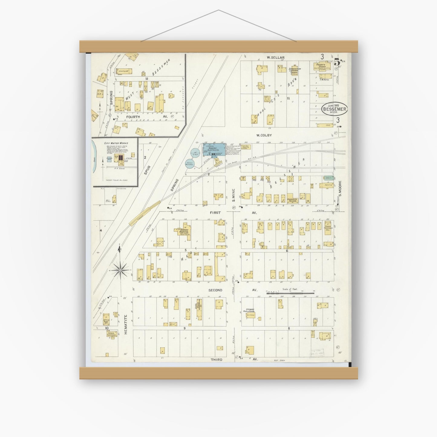 Old map wall art mockup — magnetic wood frame on white wall — Sanborn Fire Insurance Map from Bessemer, Gogebic County, Michigan (1908), Sheet #0005