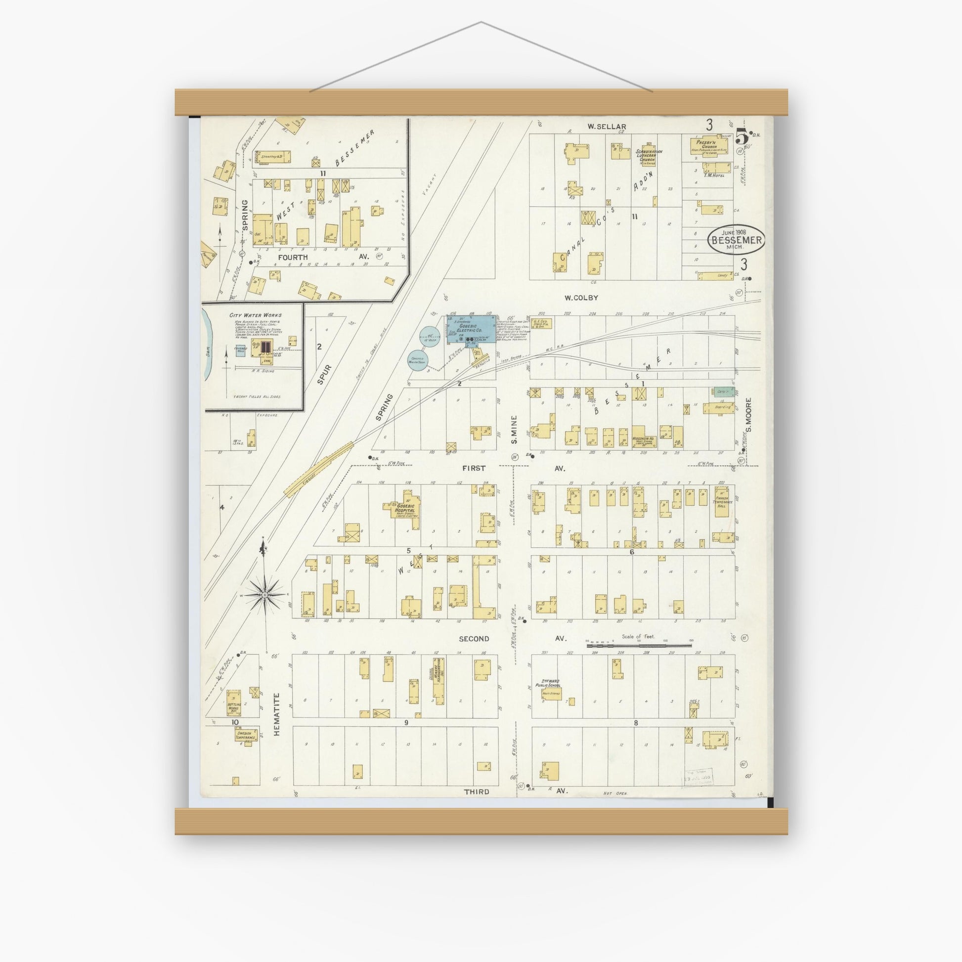 Old map wall art mockup — magnetic wood frame on white wall — Sanborn Fire Insurance Map from Bessemer, Gogebic County, Michigan (1908), Sheet #0005