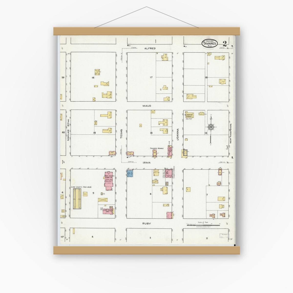 Old map wall art mockup — magnetic wood frame on white wall — Sanborn Fire Insurance Map from Tavares, Lake County, Florida (1920), Sheet #0002