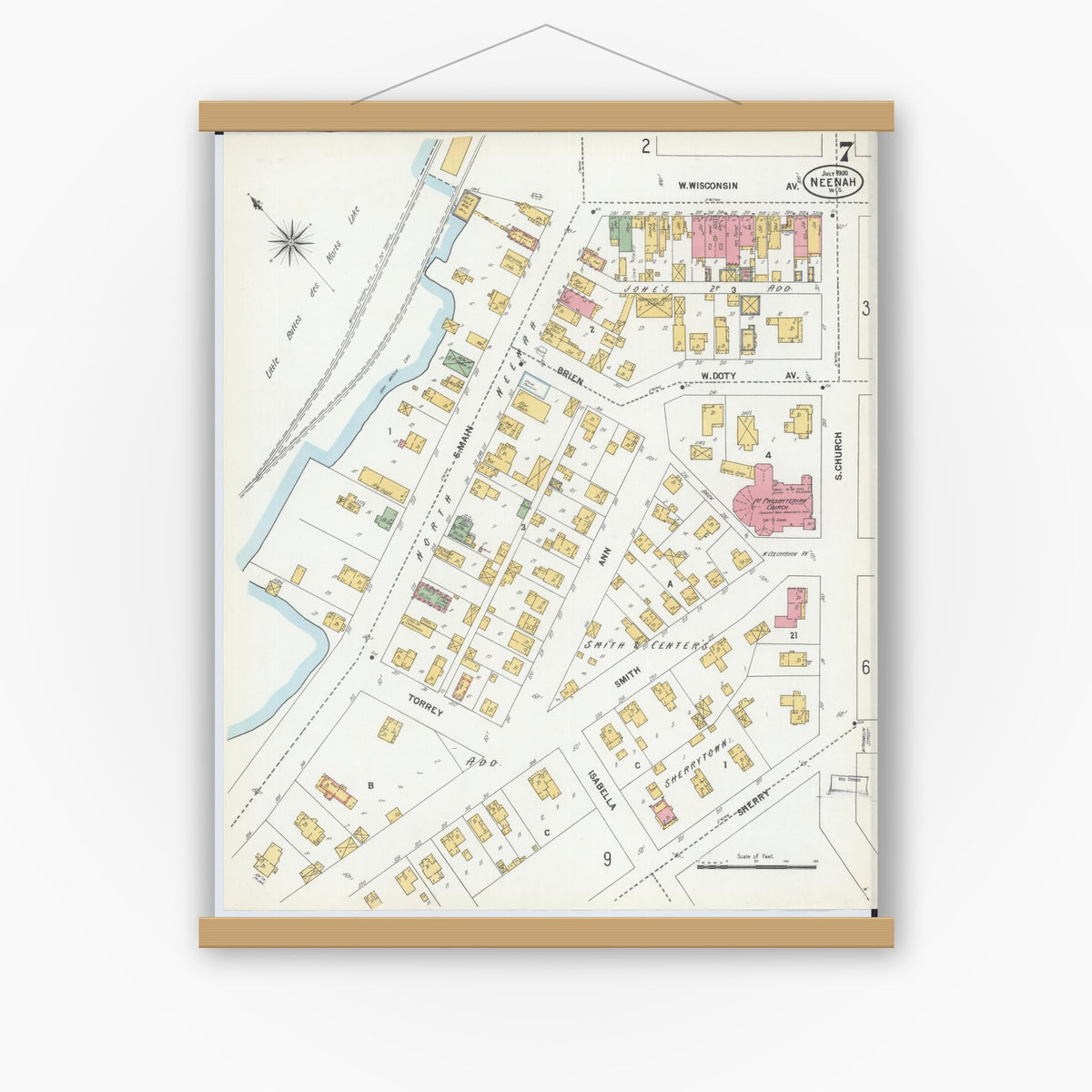 Old map wall art mockup — magnetic wood frame on white wall — Sanborn Fire Insurance Map from Neenah, Winnebago County, Wisconsin (1900), Sheet #0007