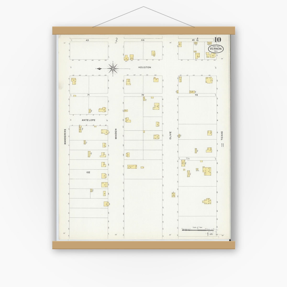 Old map wall art mockup — magnetic wood frame on white wall — Sanborn Fire Insurance Map from Vernon, Wilbarger County, Texas (1907), Sheet #0010