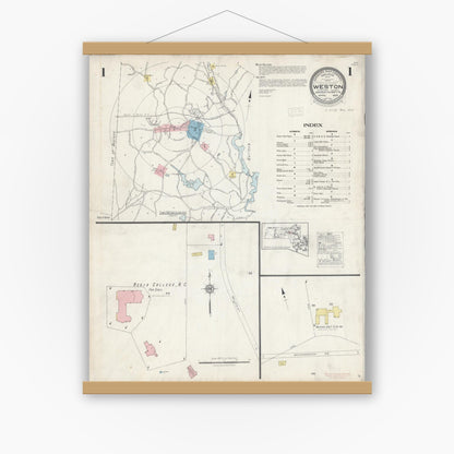 Old map wall art mockup — magnetic wood frame on white wall — Sanborn Fire Insurance Map from Weston, Middlesex County, Massachusetts (1929) - Complete Map Set