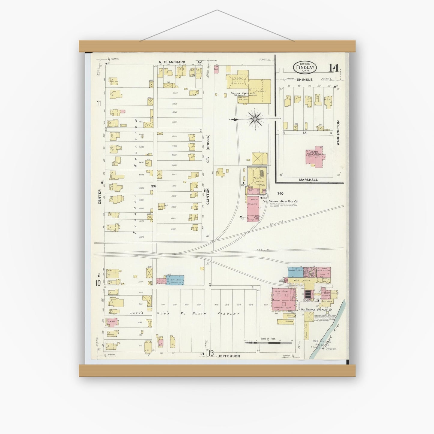 Old map wall art mockup — magnetic wood frame on white wall — Sanborn Fire Insurance Map from Findlay, Hancock County, Ohio (1908), Sheet #0014