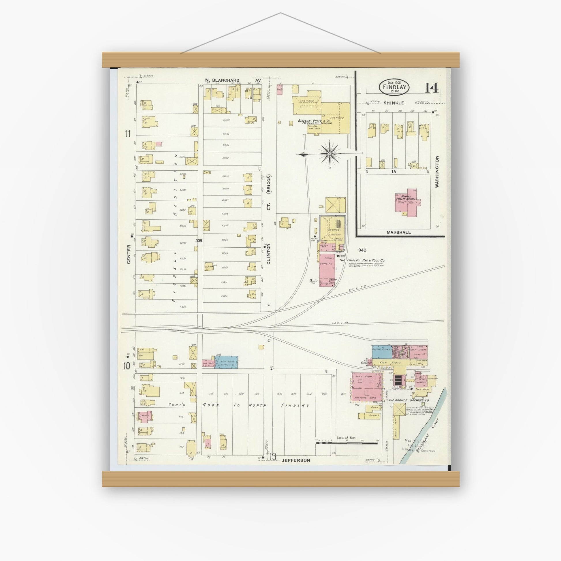 Old map wall art mockup — magnetic wood frame on white wall — Sanborn Fire Insurance Map from Findlay, Hancock County, Ohio (1908), Sheet #0014