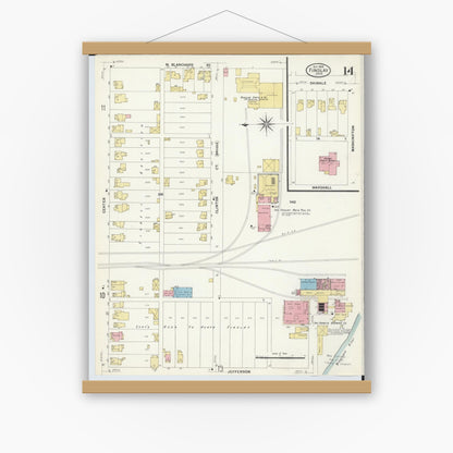 Old map wall art mockup — magnetic wood frame on white wall — Sanborn Fire Insurance Map from Findlay, Hancock County, Ohio (1908), Sheet #0014