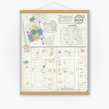 Old map wall art mockup — magnetic wood frame on white wall — Sanborn Fire Insurance Map from Eagle Pass, Maverick County, Texas (1916), Sheet #0001