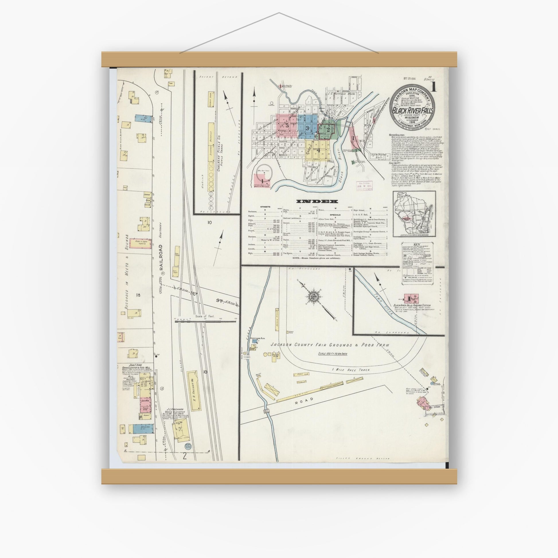 Old map wall art mockup — magnetic wood frame on white wall — Sanborn Fire Insurance Map from Black River Falls, Jackson County, Wisconsin (1914), Sheet #0001