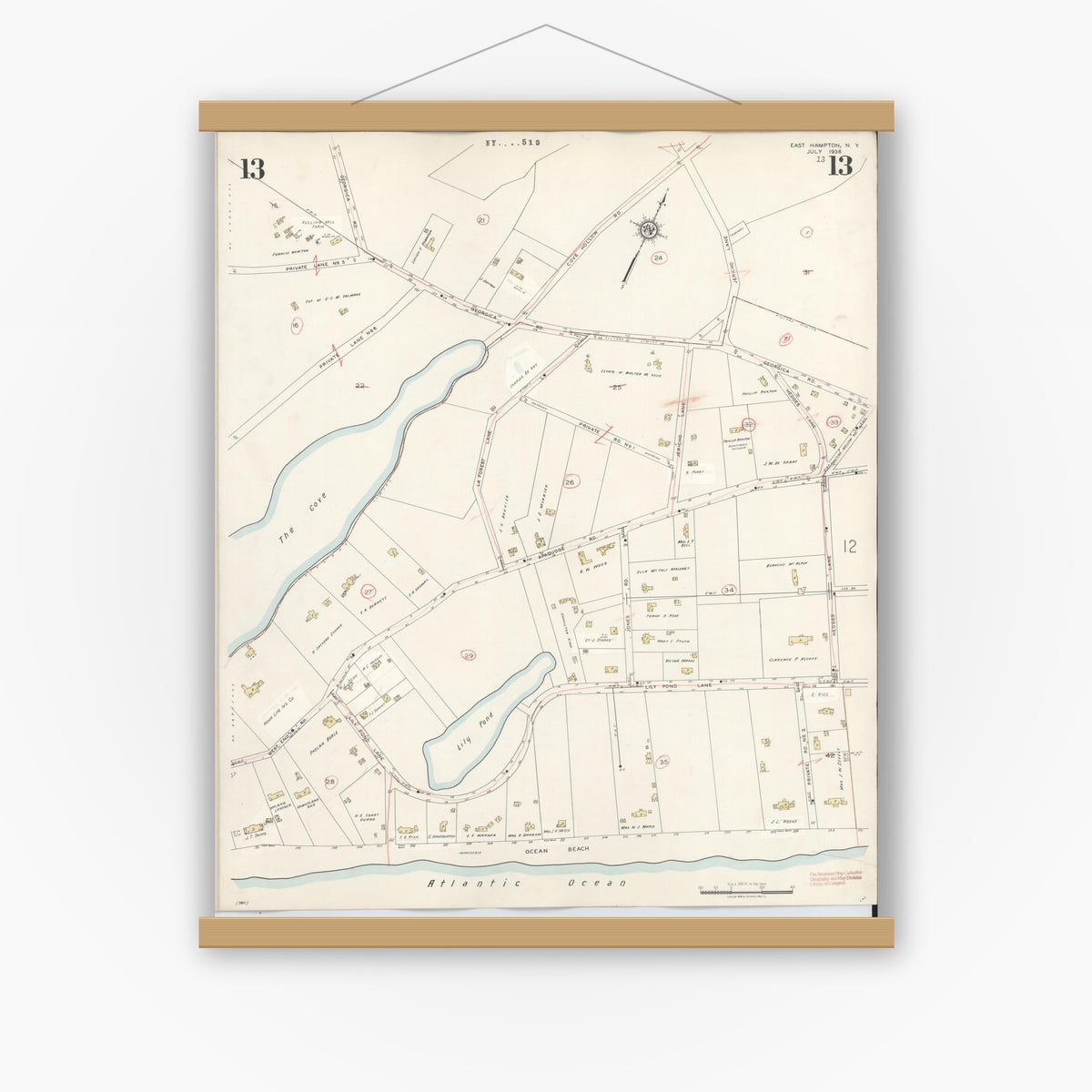 Old map wall art mockup — magnetic wood frame on white wall — Sanborn Fire Insurance Map from Easthampton, Suffolk County, New York (1943), Sheet #0013