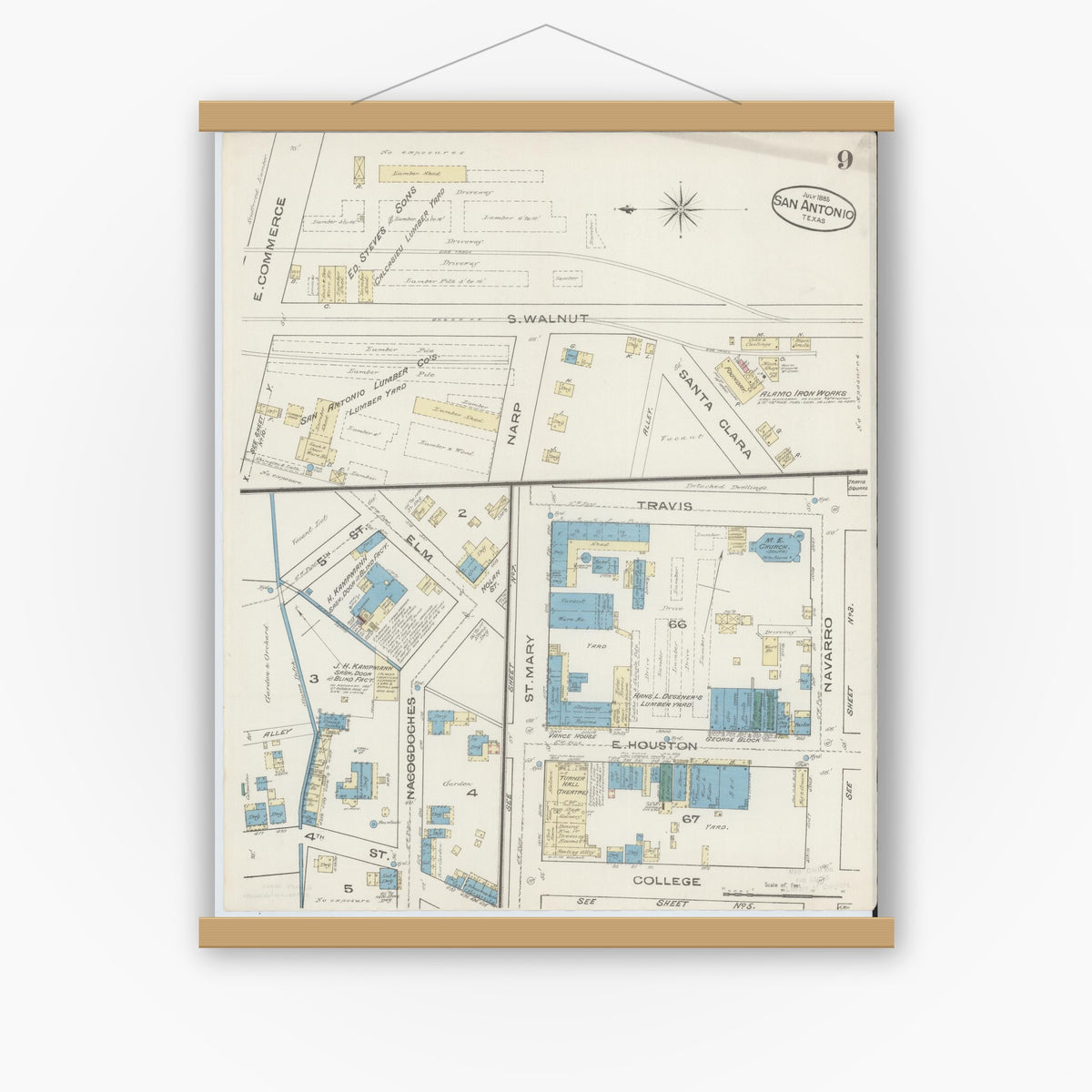 Old map wall art mockup — magnetic wood frame on white wall — Sanborn Fire Insurance Map from San Antonio, Bexar County, Texas (1885), Sheet #0009