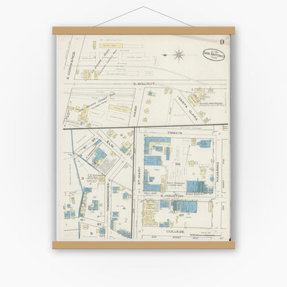 Old map wall art mockup — magnetic wood frame on white wall — Sanborn Fire Insurance Map from San Antonio, Bexar County, Texas (1885), Sheet #0009