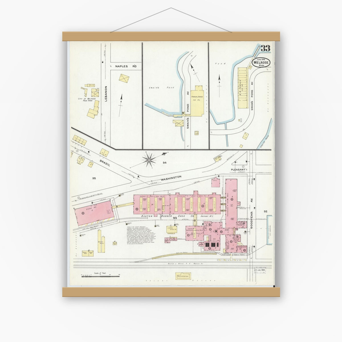 Old map wall art mockup — magnetic wood frame on white wall — Sanborn Fire Insurance Map from Melrose, Middlesex County, Massachusetts (1909), Sheet #0033