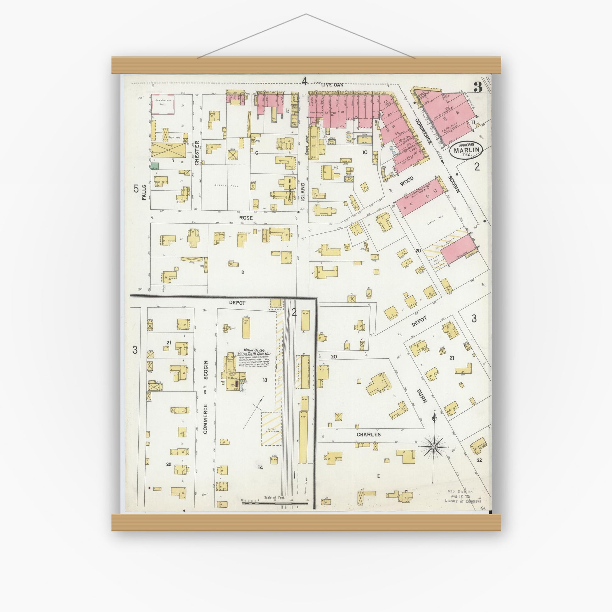 Old map wall art mockup — magnetic wood frame on white wall — Sanborn Fire Insurance Map from Marlin, Falls County, Texas (1899), Sheet #0003