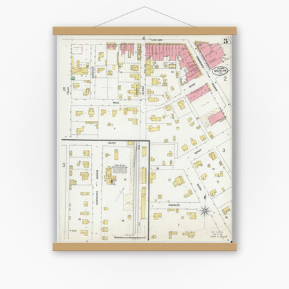 Old map wall art mockup — magnetic wood frame on white wall — Sanborn Fire Insurance Map from Marlin, Falls County, Texas (1899), Sheet #0003