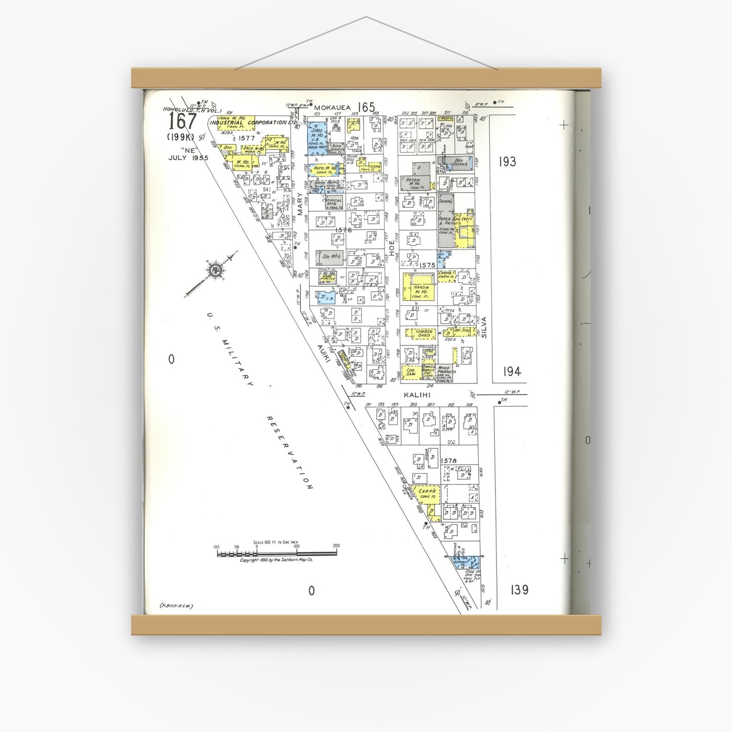 Old map wall art mockup — magnetic wood frame on white wall — Sanborn Fire Insurance Map from Honolulu, Oahu County, Hawaii (1955), Sheet #0167