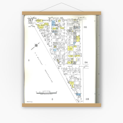 Old map wall art mockup — magnetic wood frame on white wall — Sanborn Fire Insurance Map from Honolulu, Oahu County, Hawaii (1955), Sheet #0167