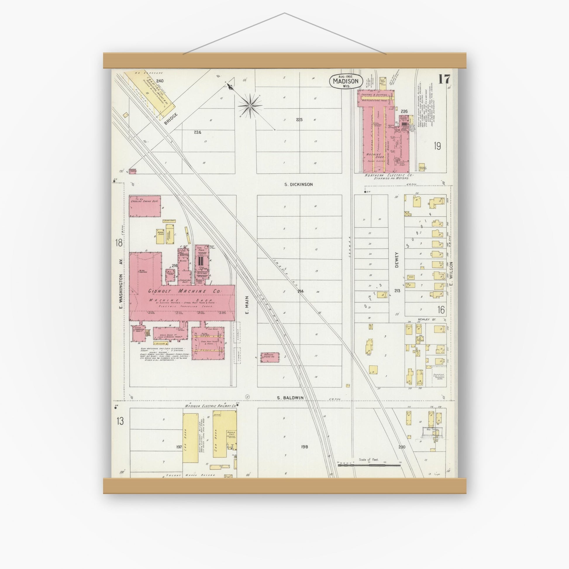 Old map wall art mockup — magnetic wood frame on white wall — Sanborn Fire Insurance Map from Madison, Dane County, Wisconsin (1902), Sheet #0017
