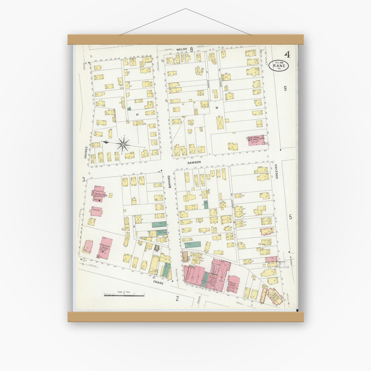 Old map wall art mockup — magnetic wood frame on white wall — Sanborn Fire Insurance Map from Kane, McKean County, Pennsylvania (1909), Sheet #0004