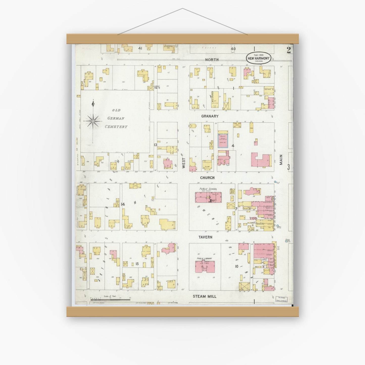 Old map wall art mockup — magnetic wood frame on white wall — Sanborn Fire Insurance Map from New Harmony, Posey County, Indiana (1899), Sheet #0002