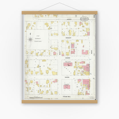 Old map wall art mockup — magnetic wood frame on white wall — Sanborn Fire Insurance Map from New Harmony, Posey County, Indiana (1899), Sheet #0002