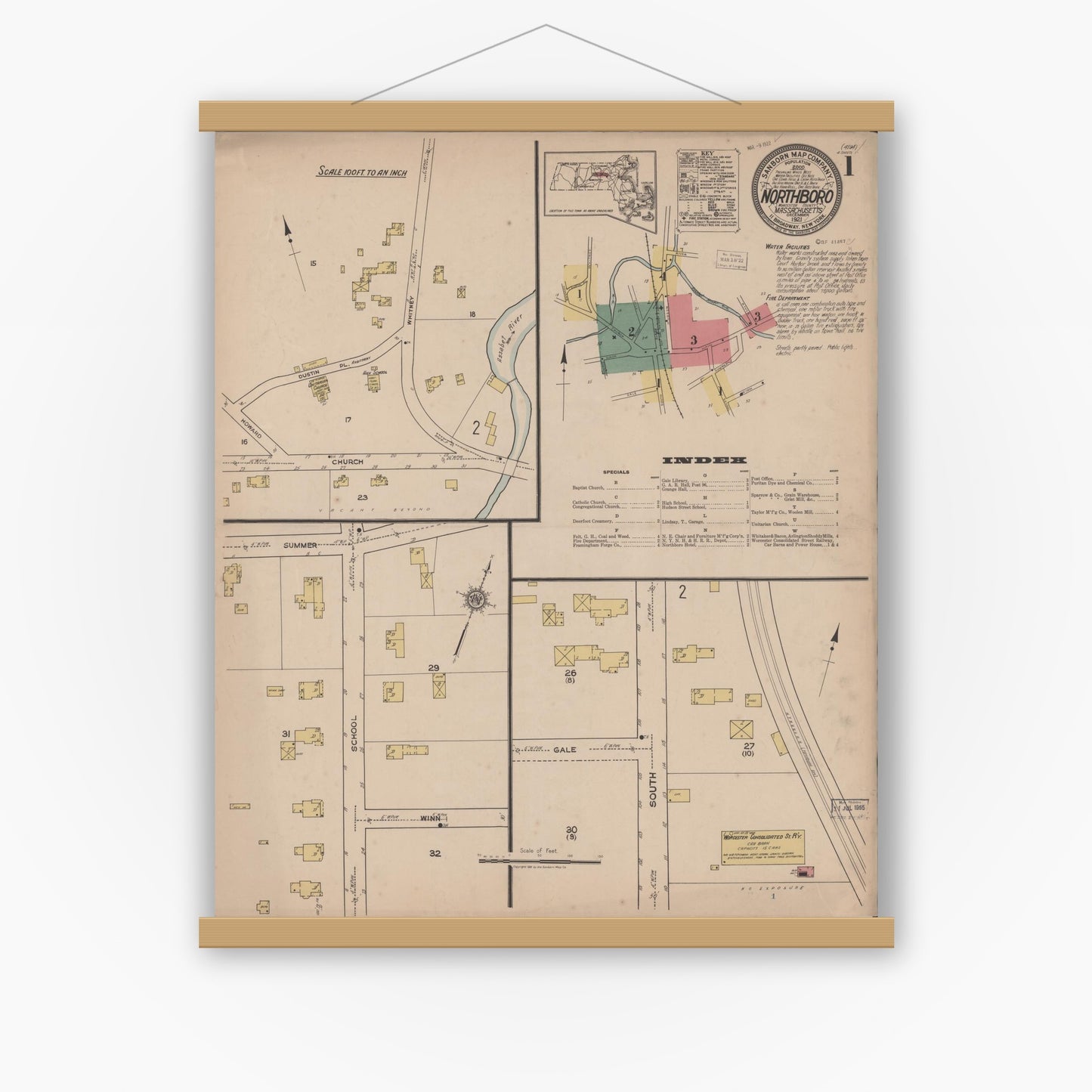 Old map wall art mockup — magnetic wood frame on white wall — Sanborn Fire Insurance Map from Northboro, Worcester County, Massachusetts (1921) - Complete Map Set