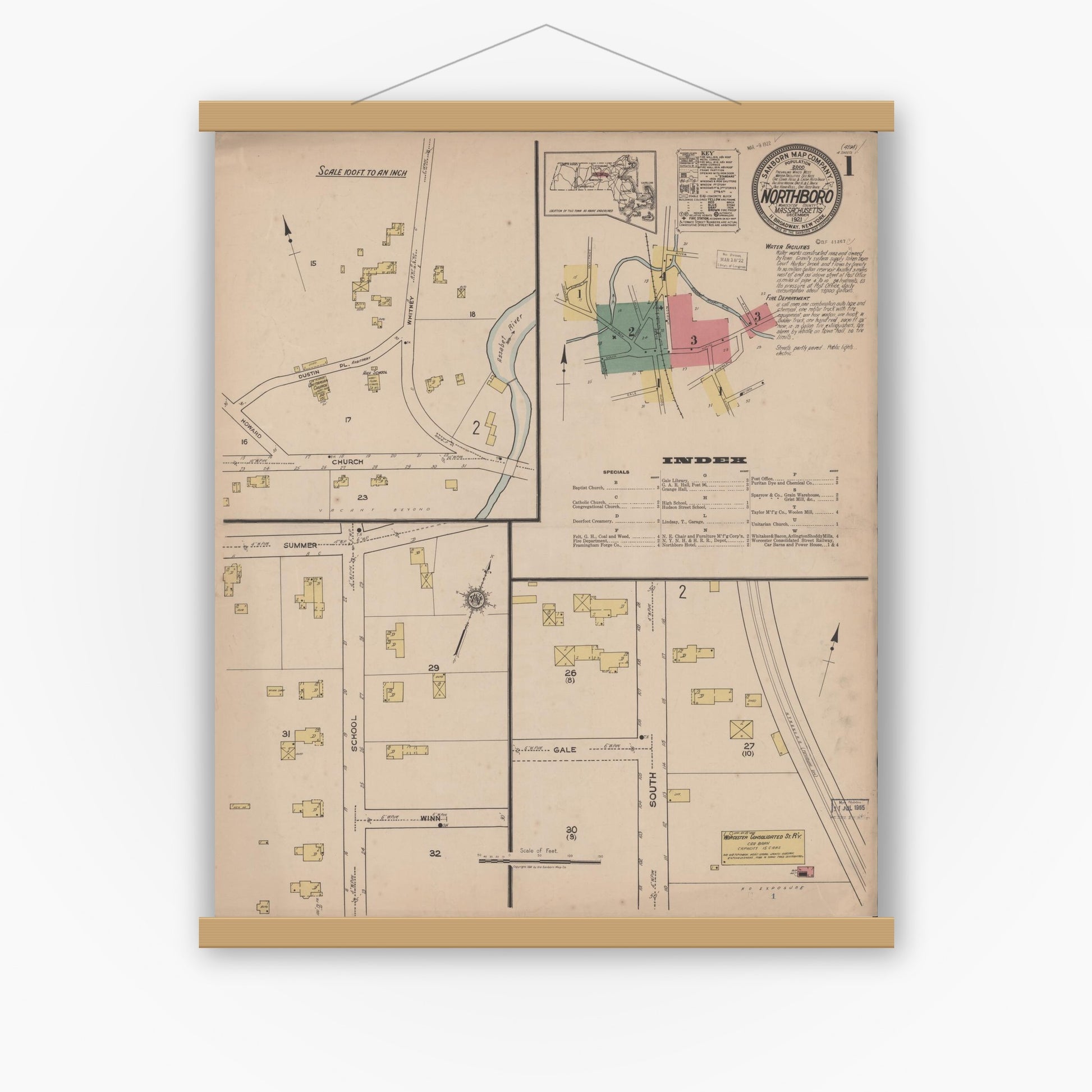 Old map wall art mockup — magnetic wood frame on white wall — Sanborn Fire Insurance Map from Northboro, Worcester County, Massachusetts (1921) - Complete Map Set