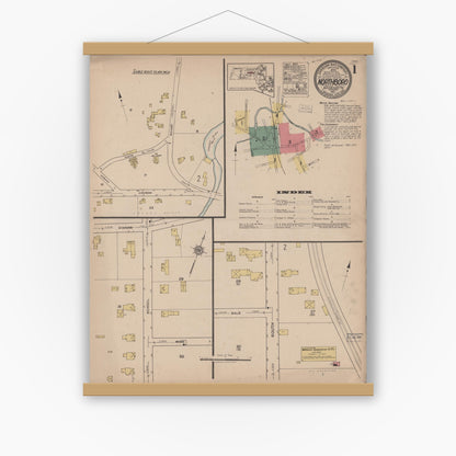 Old map wall art mockup — magnetic wood frame on white wall — Sanborn Fire Insurance Map from Northboro, Worcester County, Massachusetts (1921) - Complete Map Set