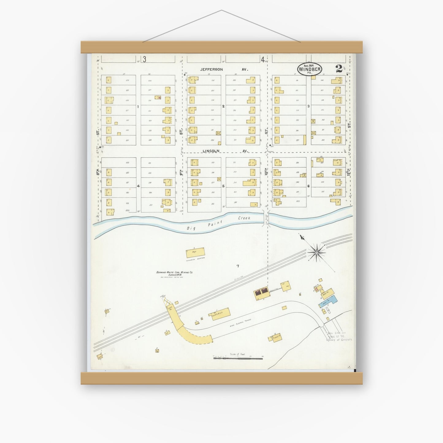 Old map wall art mockup — magnetic wood frame on white wall — Sanborn Fire Insurance Map from Windber, Somerset County, Pennsylvania (1904), Sheet #0002