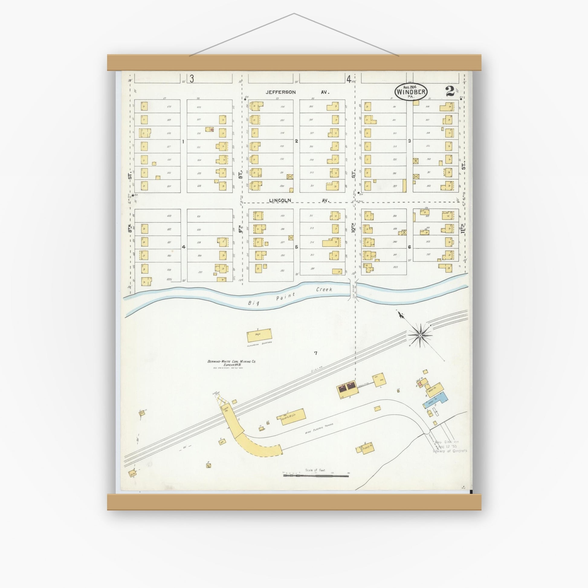 Old map wall art mockup — magnetic wood frame on white wall — Sanborn Fire Insurance Map from Windber, Somerset County, Pennsylvania (1904), Sheet #0002