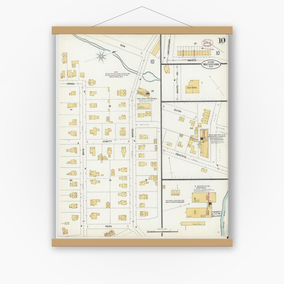 Old map wall art mockup — magnetic wood frame on white wall — Sanborn Fire Insurance Map from Watertown, Middlesex County, Massachusetts (1899), Sheet #0010