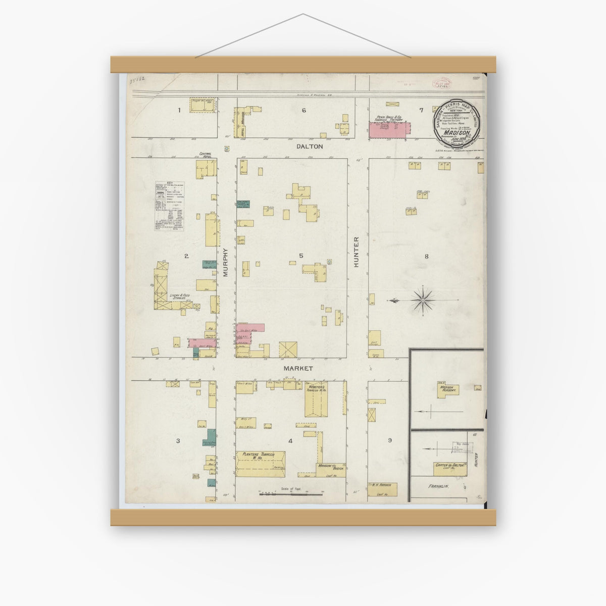 Old map wall art mockup — magnetic wood frame on white wall — Sanborn Fire Insurance Map from Madison, Rockingham County, North Carolina (1893), Sheet #0001